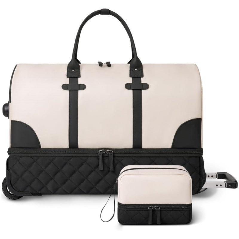 Quilted Rolling Duffle Bag with Retractable Handle and Removable Pouch