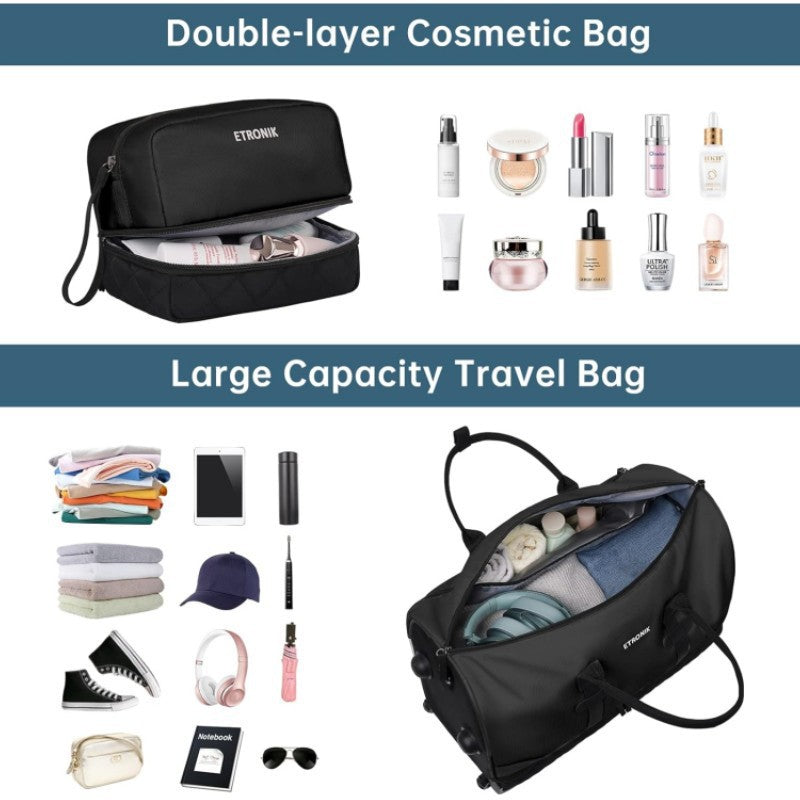 Quilted Rolling Duffle Bag with Retractable Handle and Removable Pouch