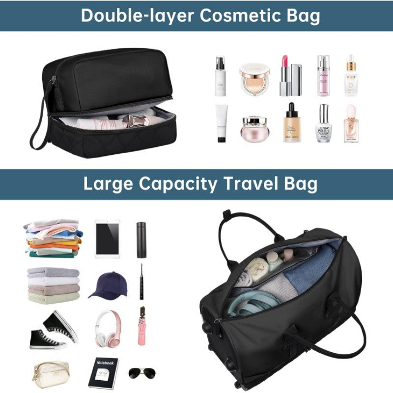 Quilted Rolling Duffle Bag with Retractable Handle and Removable Pouch