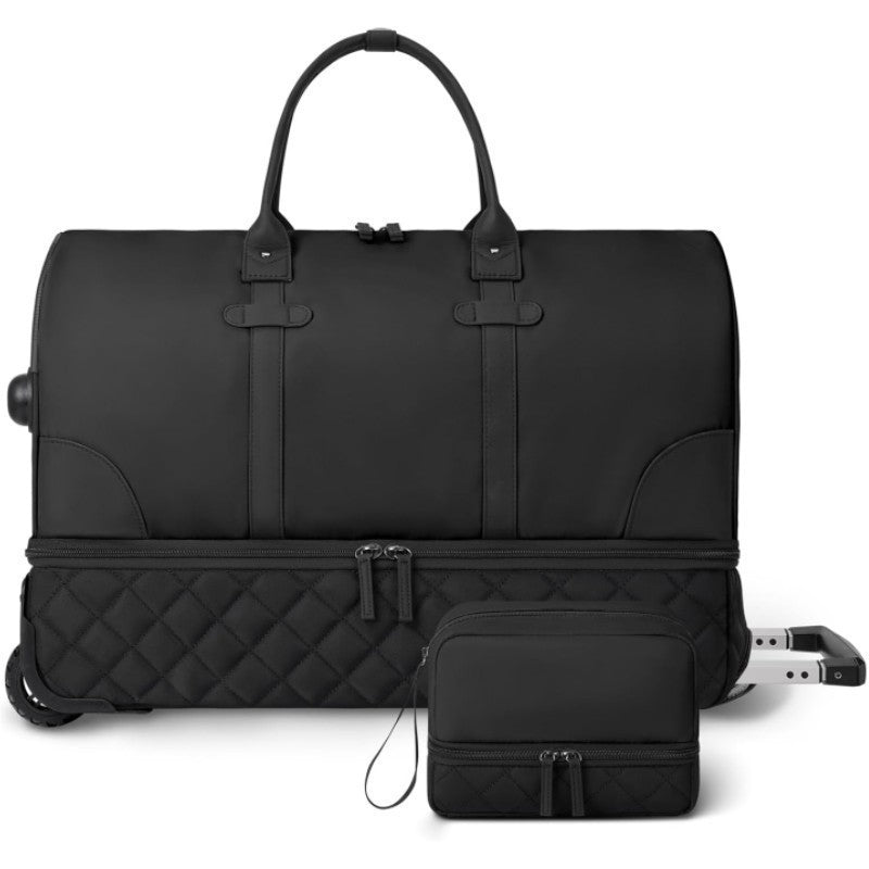 Quilted Rolling Duffle Bag with Retractable Handle and Removable Pouch