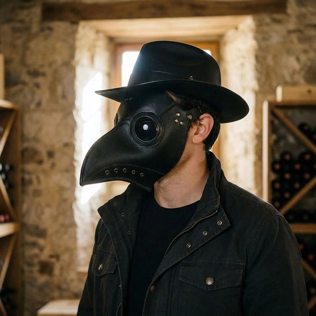 Realistic Black Plague Doctor Mask with Glass Lenses 30cm