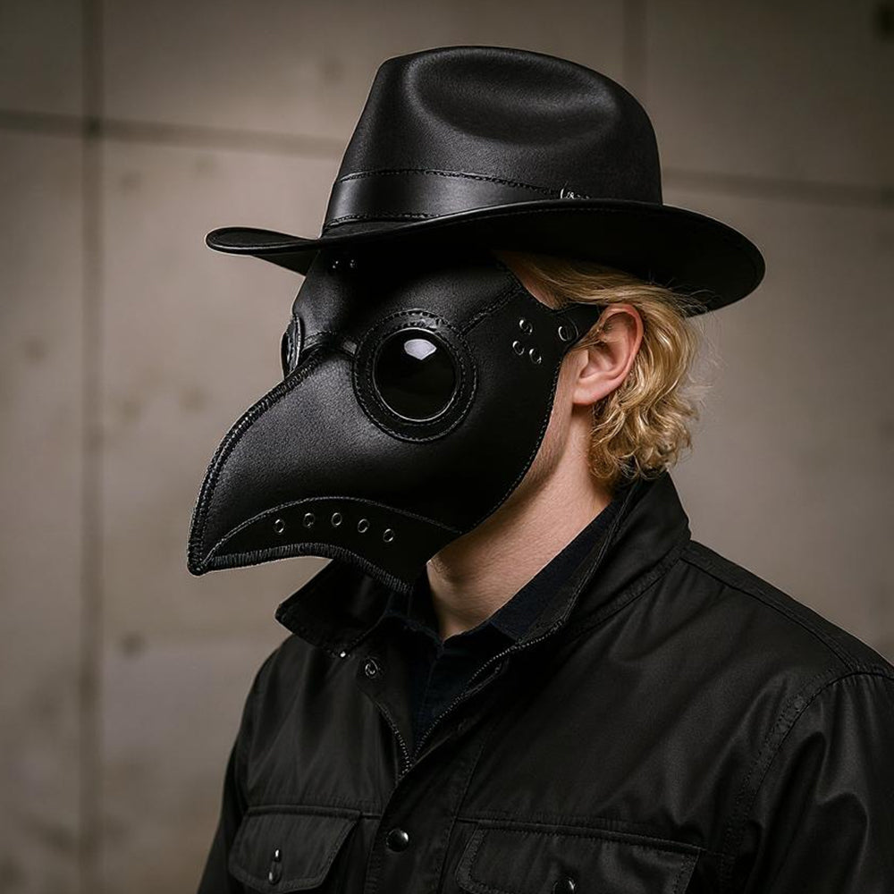 Realistic Black Plague Doctor Mask with Glass Lenses 30cm