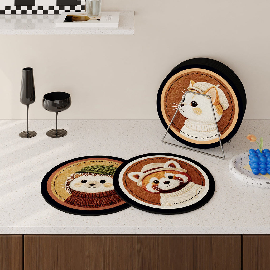 Round Faux-Leather Drink Coasters with Embroidered Animal Designs