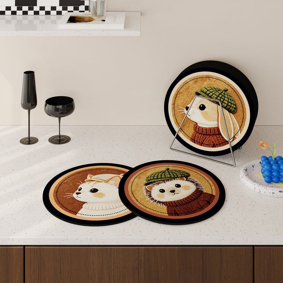 Round Faux-Leather Drink Coasters with Embroidered Animal Designs