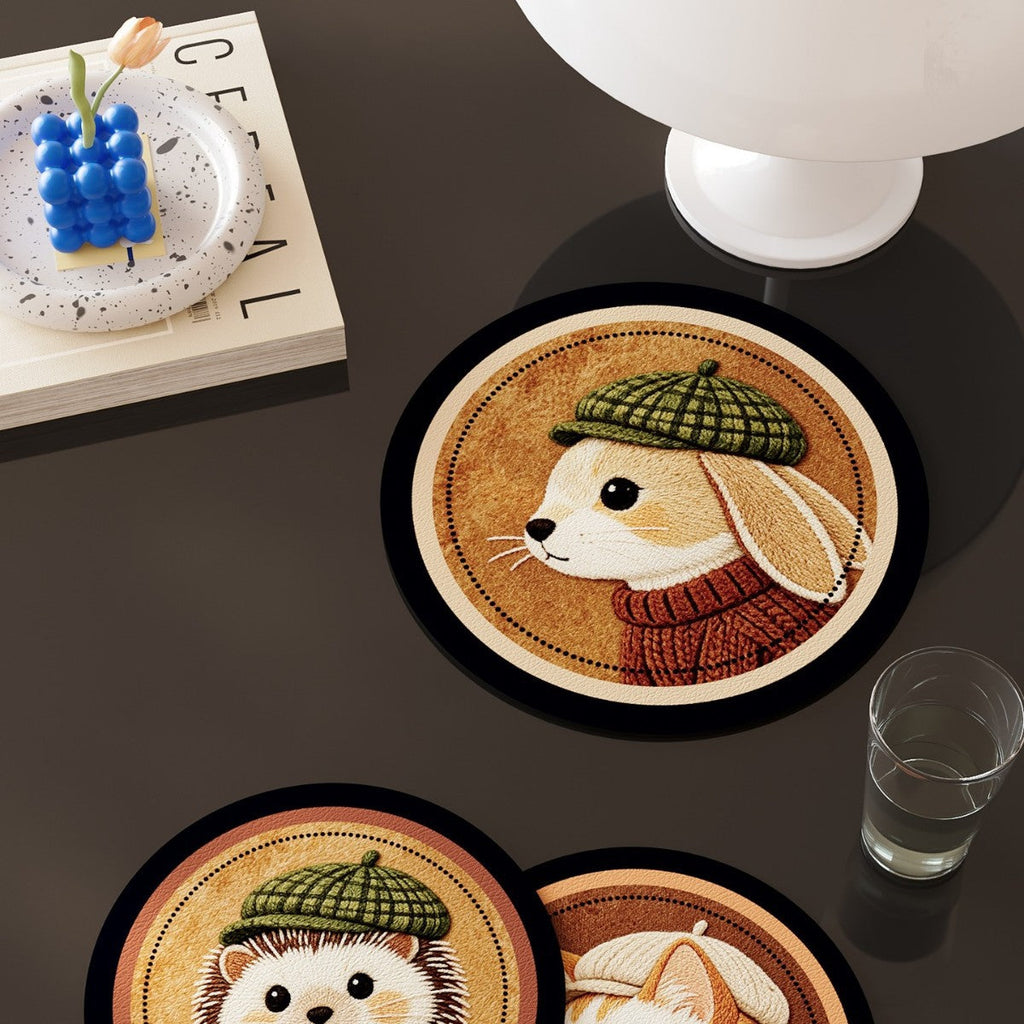 Round Faux-Leather Drink Coasters with Embroidered Animal Designs