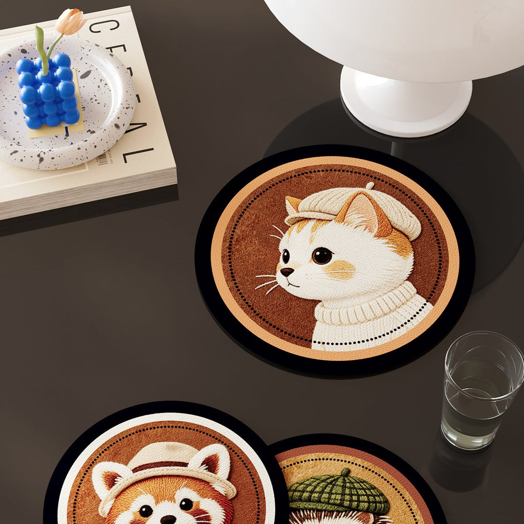 Round Faux-Leather Drink Coasters with Embroidered Animal Designs