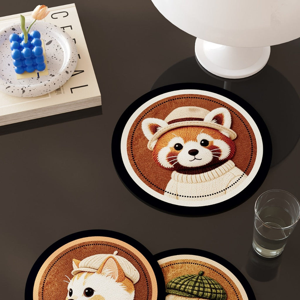 Round Faux-Leather Drink Coasters with Embroidered Animal Designs