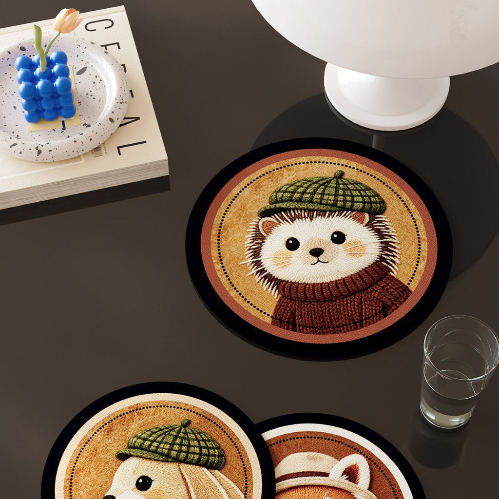 Round Faux-Leather Drink Coasters with Embroidered Animal Designs