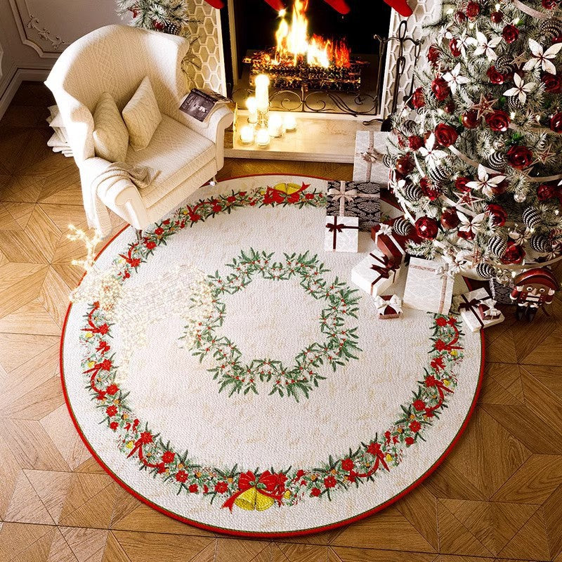 Round Red Polyester Christmas Rug, Absorbent Non-Slip, Velvet Finish
