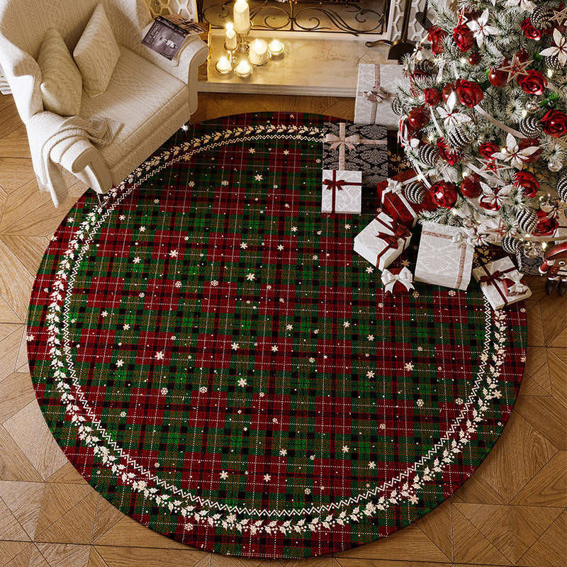 Round Red Polyester Christmas Rug, Absorbent Non-Slip, Velvet Finish