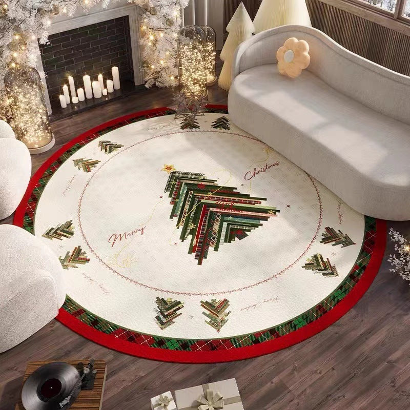 Round Red Polyester Christmas Rug, Absorbent Non-Slip, Velvet Finish