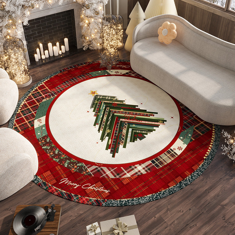 Round Red Polyester Christmas Rug, Absorbent Non-Slip, Velvet Finish