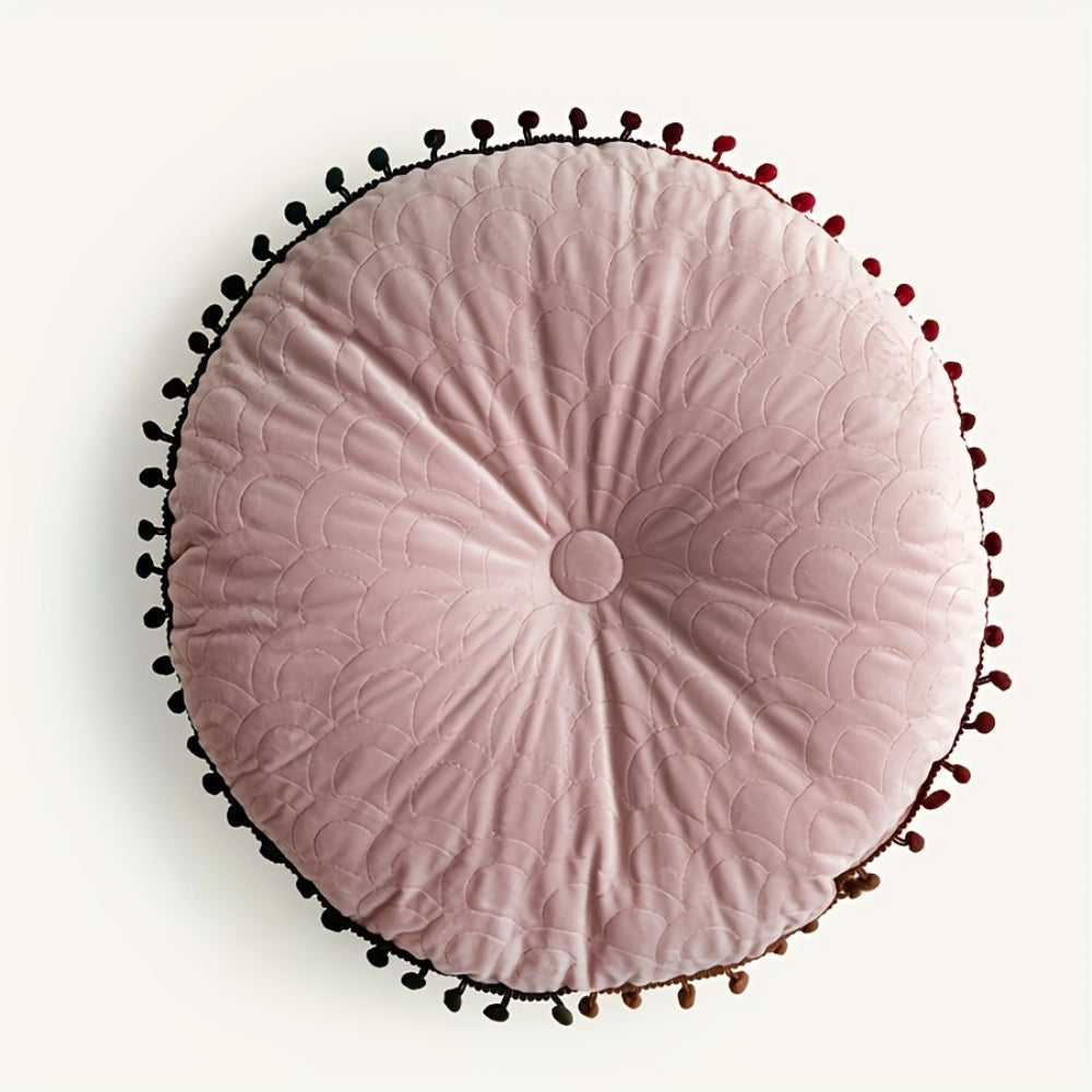 Round Vintage Quilted Ottoman Cushion Pad with Pom-Pom Trim