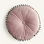 Round Vintage Quilted Ottoman Cushion Pad with Pom-Pom Trim