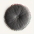 Round Vintage Quilted Ottoman Cushion Pad with Pom-Pom Trim