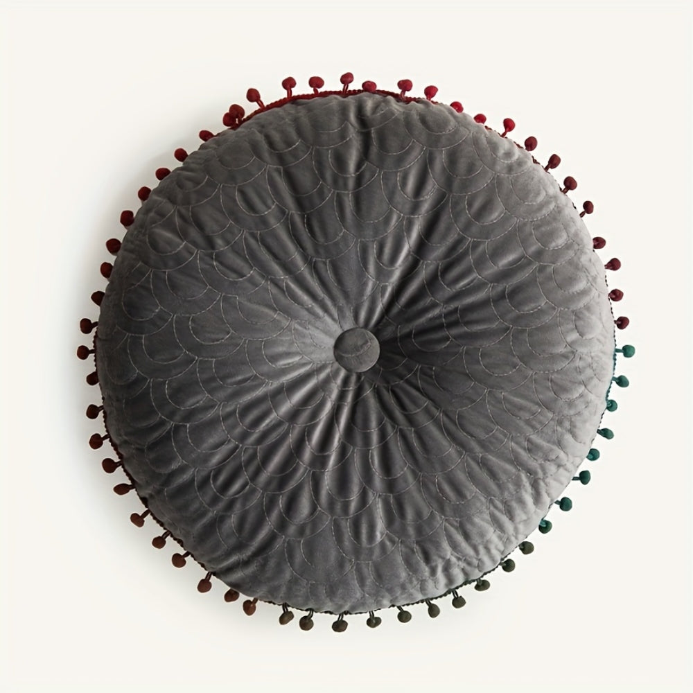 Round Vintage Quilted Ottoman Cushion Pad with Pom-Pom Trim