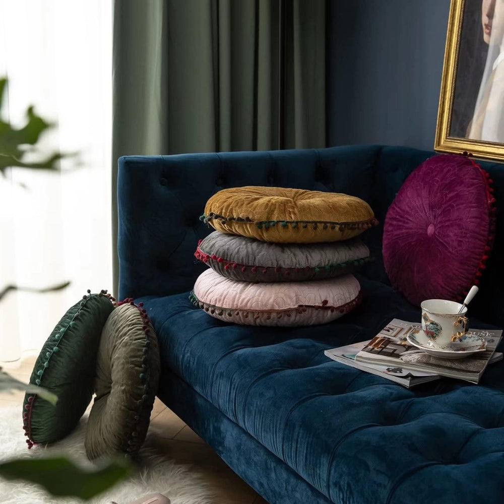 Round Vintage Quilted Ottoman Cushion Pad with Pom-Pom Trim