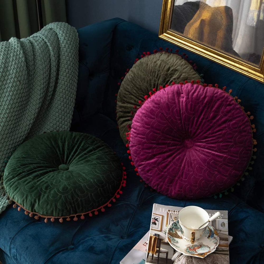 Round Vintage Quilted Ottoman Cushion Pad with Pom-Pom Trim