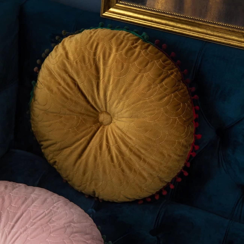 Round Vintage Quilted Ottoman Cushion Pad with Pom-Pom Trim