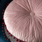 Round Vintage Quilted Ottoman Cushion Pad with Pom-Pom Trim