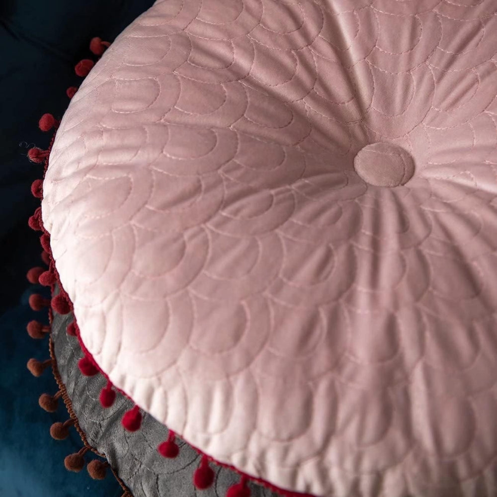 Round Vintage Quilted Ottoman Cushion Pad with Pom-Pom Trim