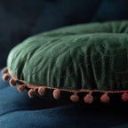 Round Vintage Quilted Ottoman Cushion Pad with Pom-Pom Trim
