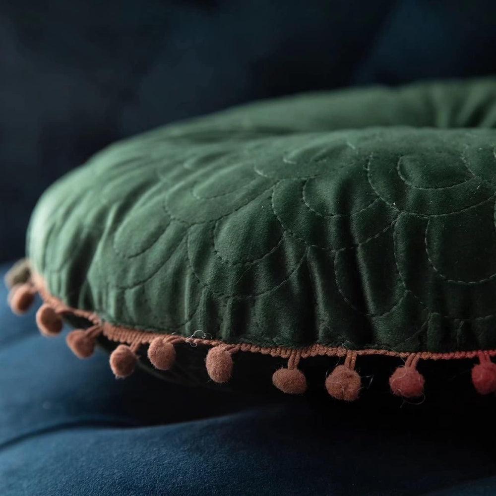 Round Vintage Quilted Ottoman Cushion Pad with Pom-Pom Trim