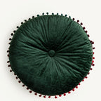 Round Vintage Quilted Ottoman Cushion Pad with Pom-Pom Trim