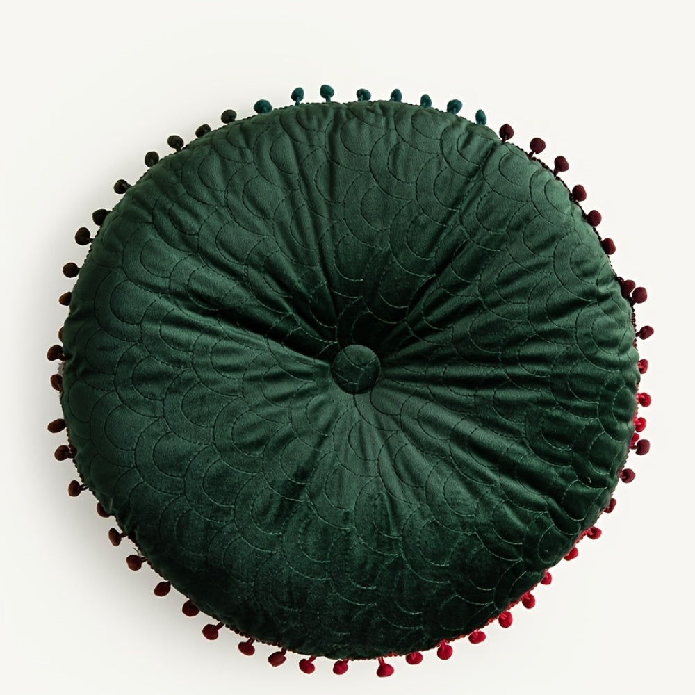 Round Vintage Quilted Ottoman Cushion Pad with Pom-Pom Trim