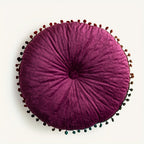 Round Vintage Quilted Ottoman Cushion Pad with Pom-Pom Trim