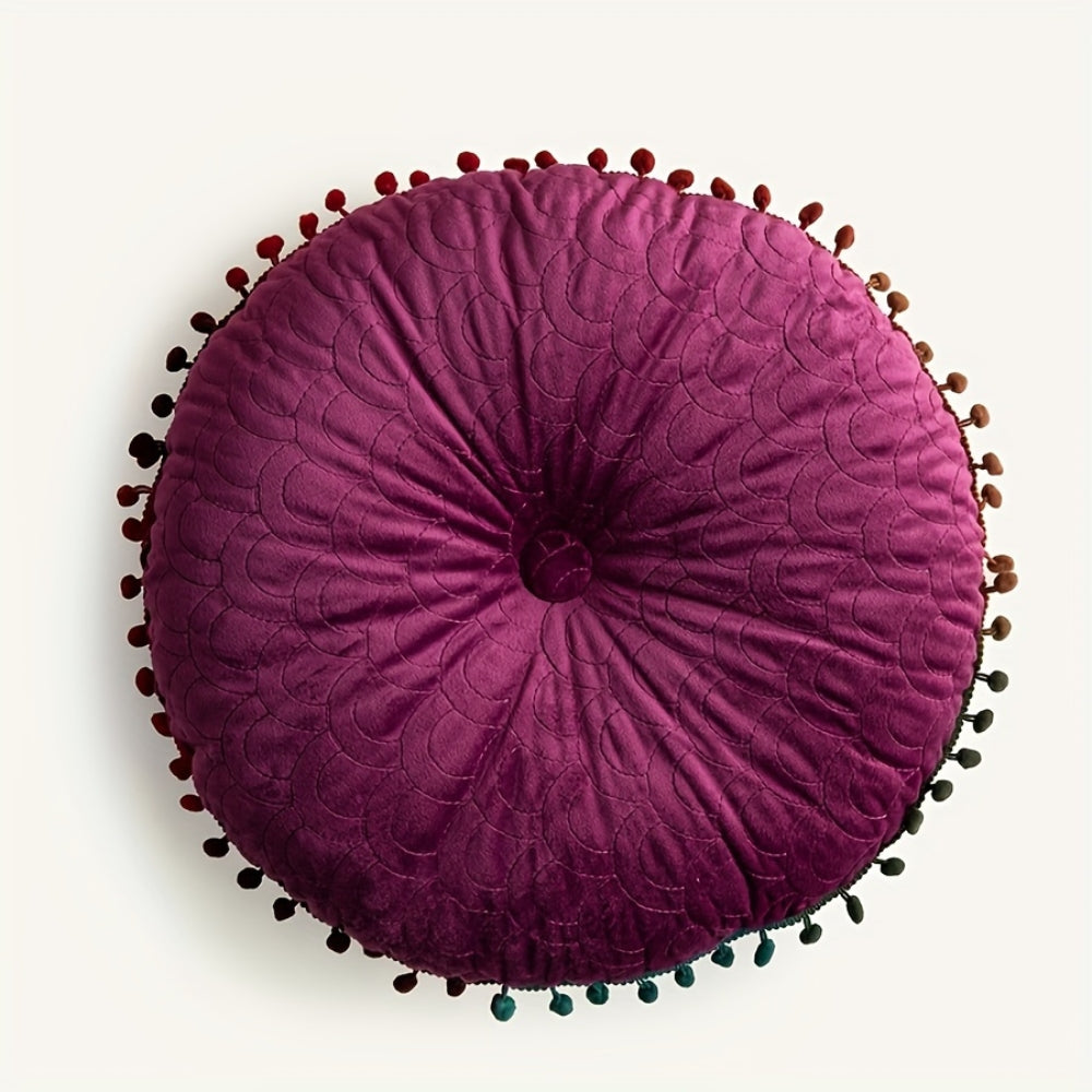 Round Vintage Quilted Ottoman Cushion Pad with Pom-Pom Trim
