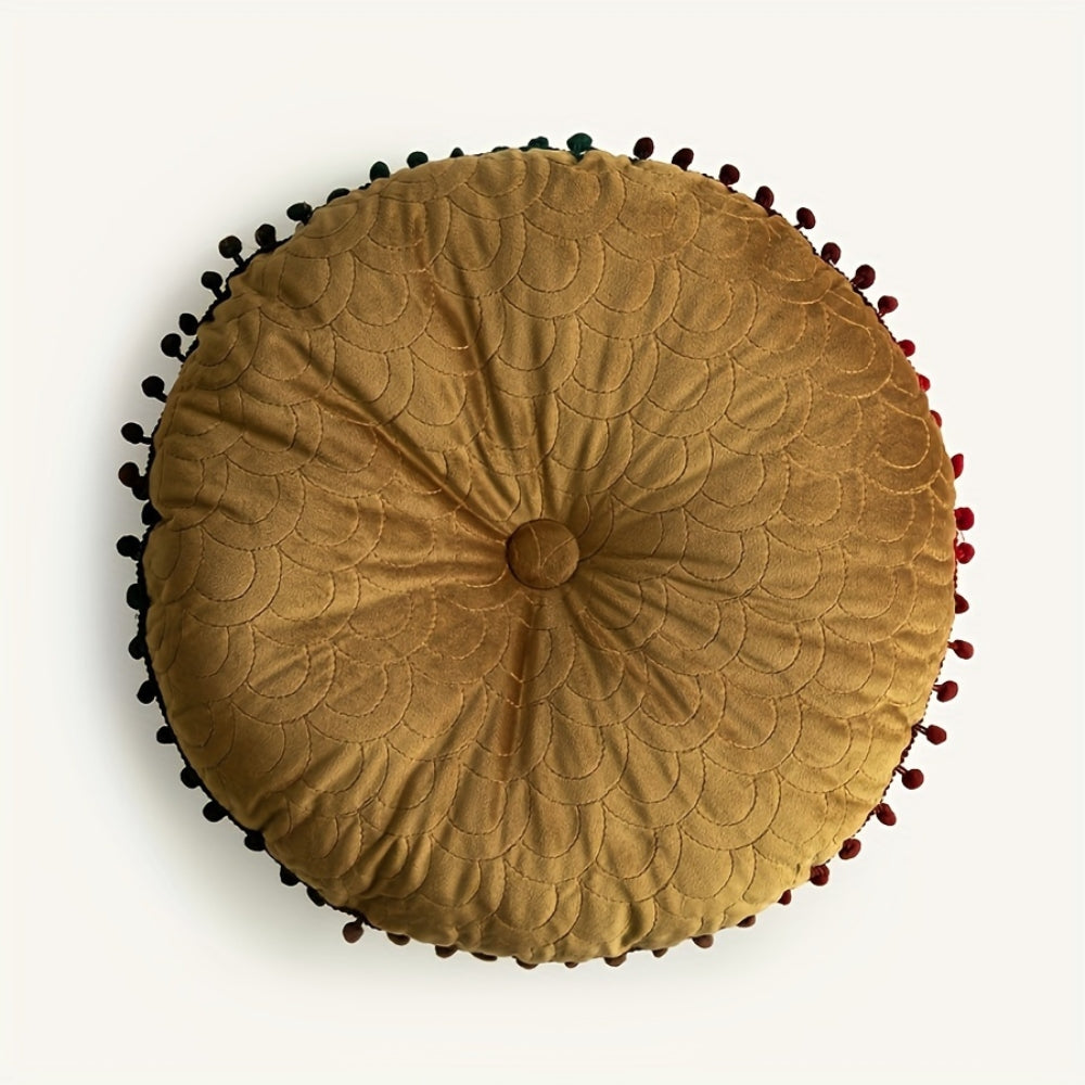 Round Vintage Quilted Ottoman Cushion Pad with Pom-Pom Trim