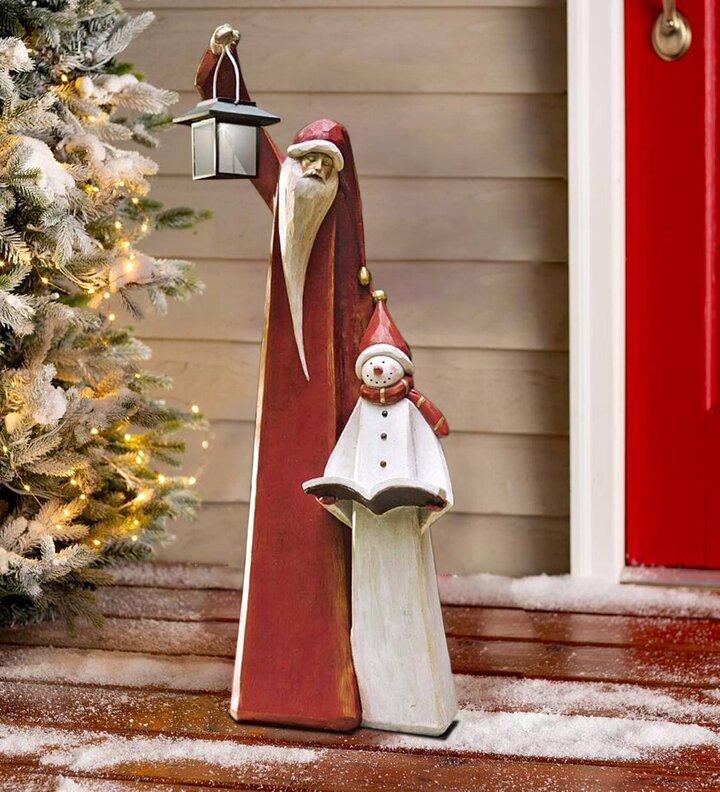 Santa and Snowman Christmas Sculpture with Solar LED Lantern, 9W x 25H