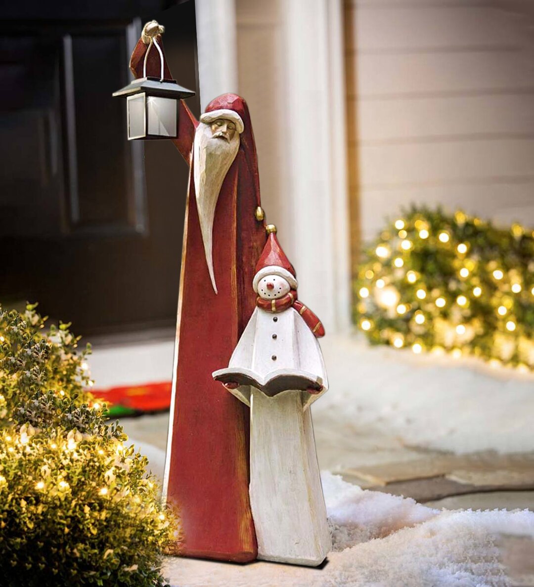 Santa and Snowman Christmas Sculpture with Solar LED Lantern, 9W x 25H
