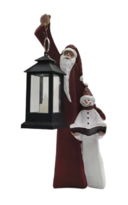 Santa and Snowman Christmas Sculpture with Solar LED Lantern, 9W x 25H
