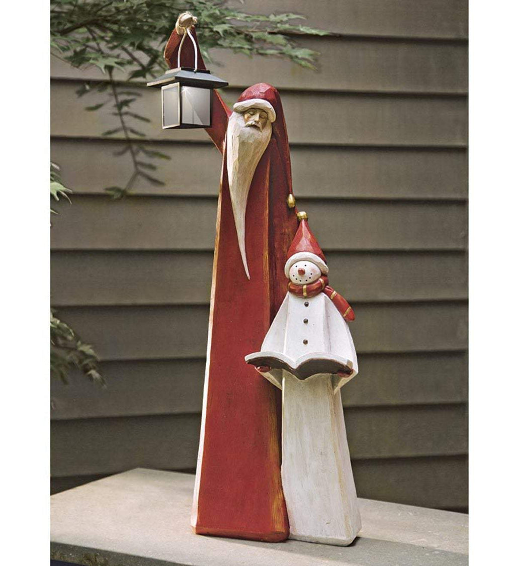 Santa and Snowman Christmas Sculpture with Solar LED Lantern, 9W x 25H