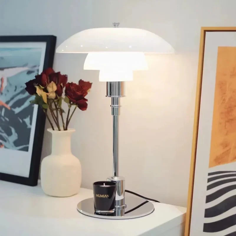 Scandinavian Glass LED Desk Lamp with Adjustable Arm, 28 cm Diameter
