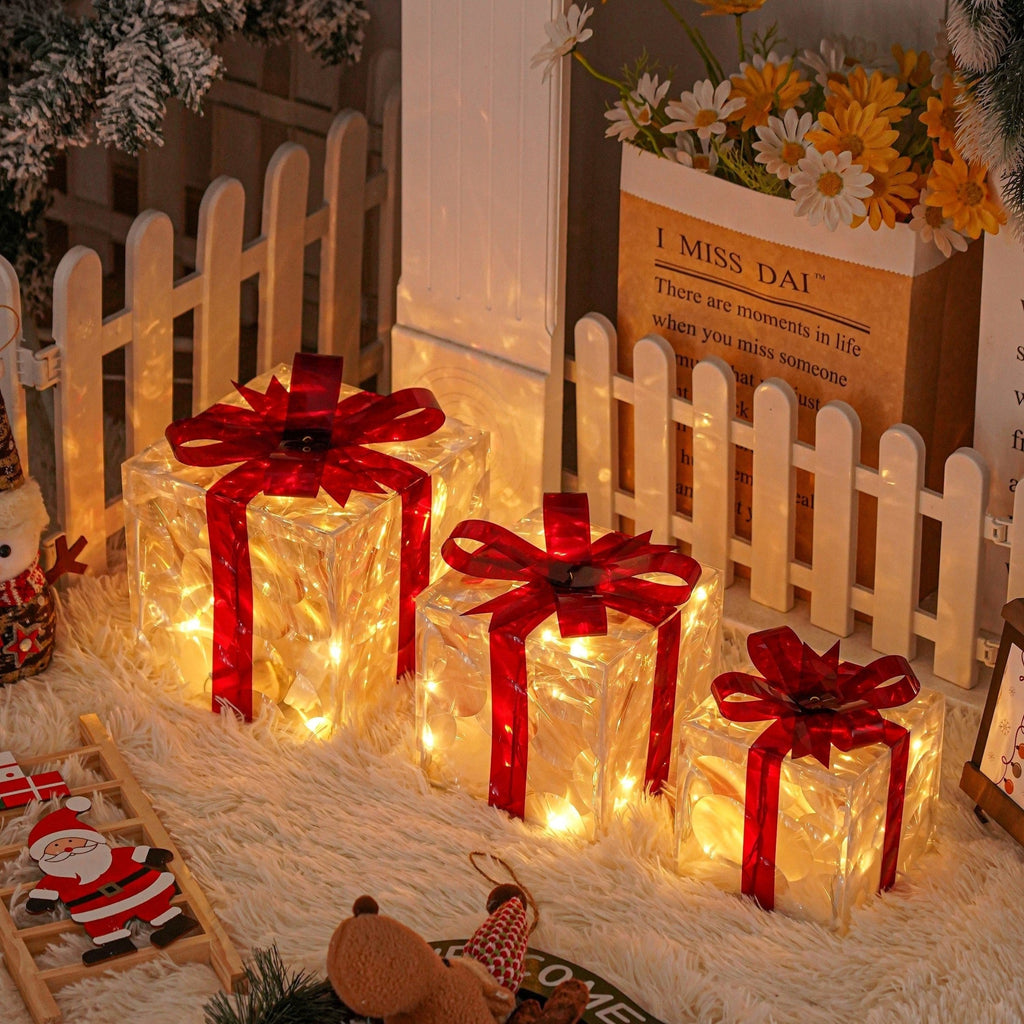 Set of 3 LED Christmas Gift Boxes, PVC and Metal