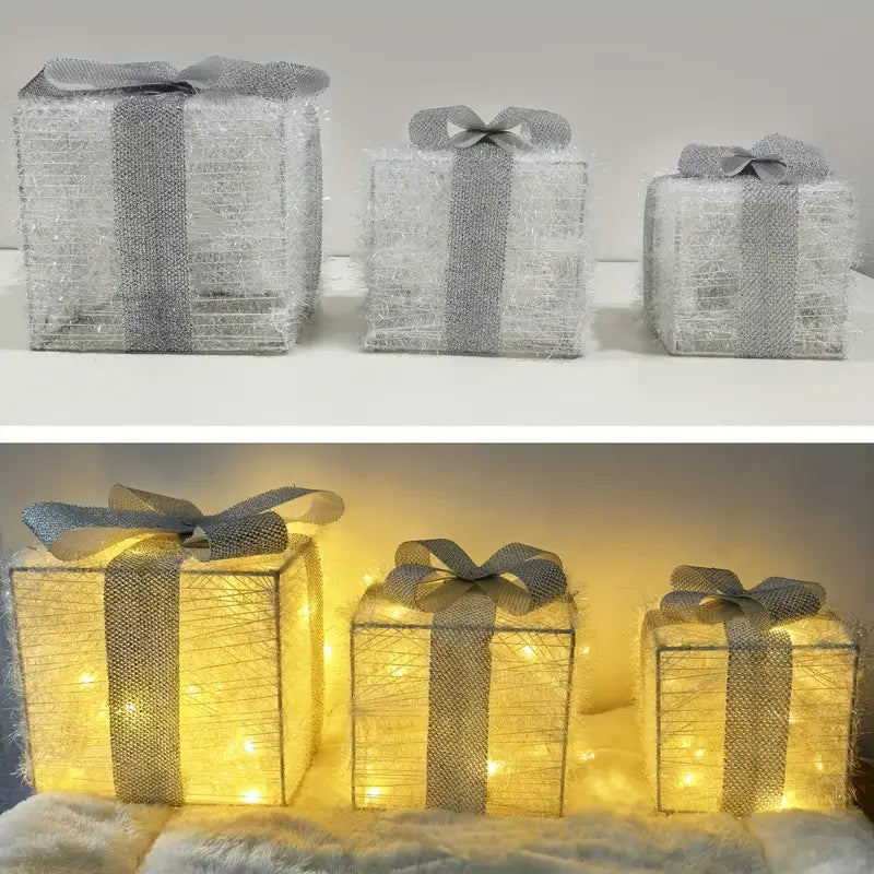 Set of 3 LED Christmas Gift Boxes, PVC and Metal