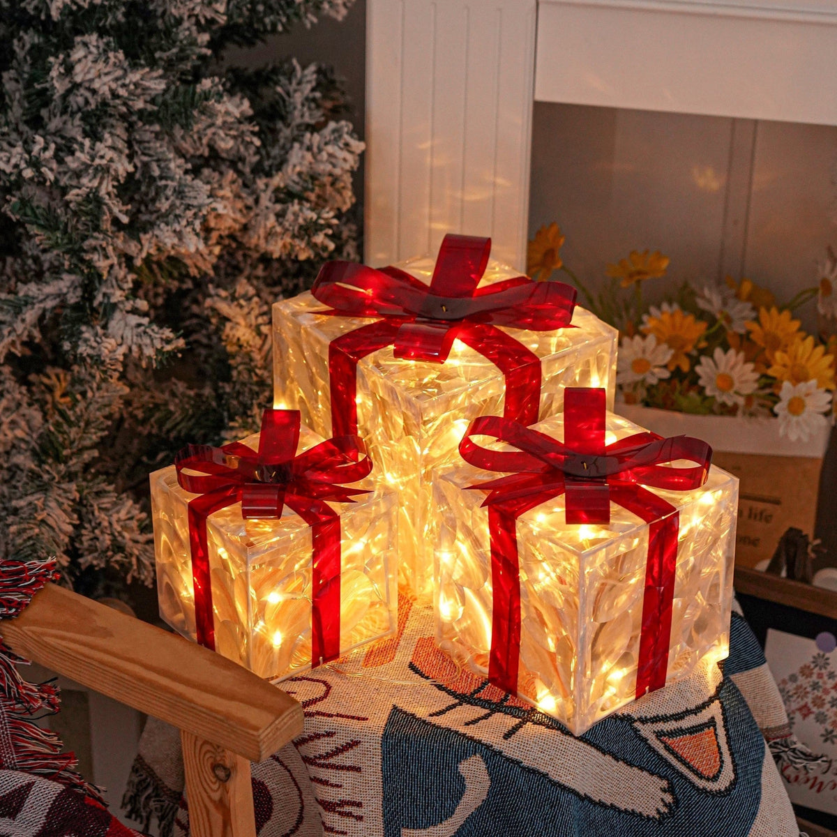 Set of 3 LED Christmas Gift Boxes, PVC and Metal