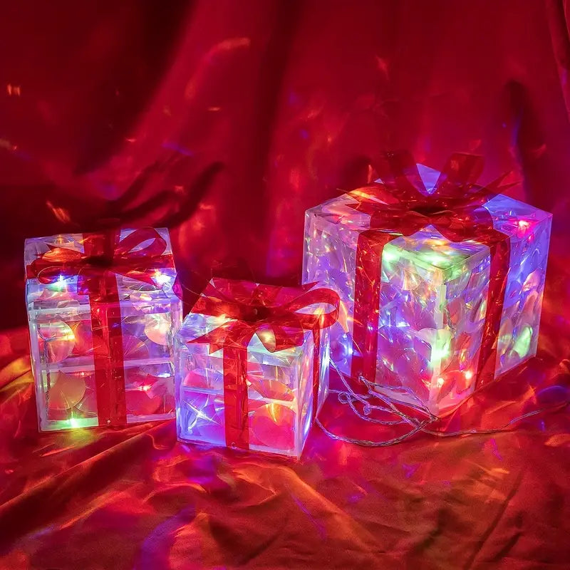 Set of 3 LED Christmas Gift Boxes, PVC and Metal