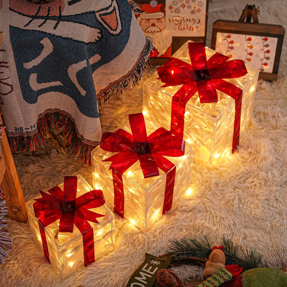 Set of 3 LED Christmas Gift Boxes, PVC and Metal
