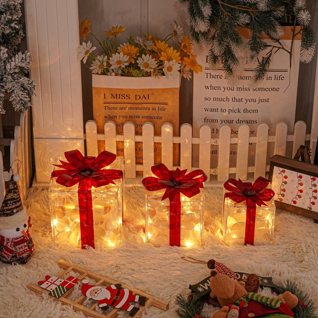 Set of 3 LED Christmas Gift Boxes, PVC and Metal