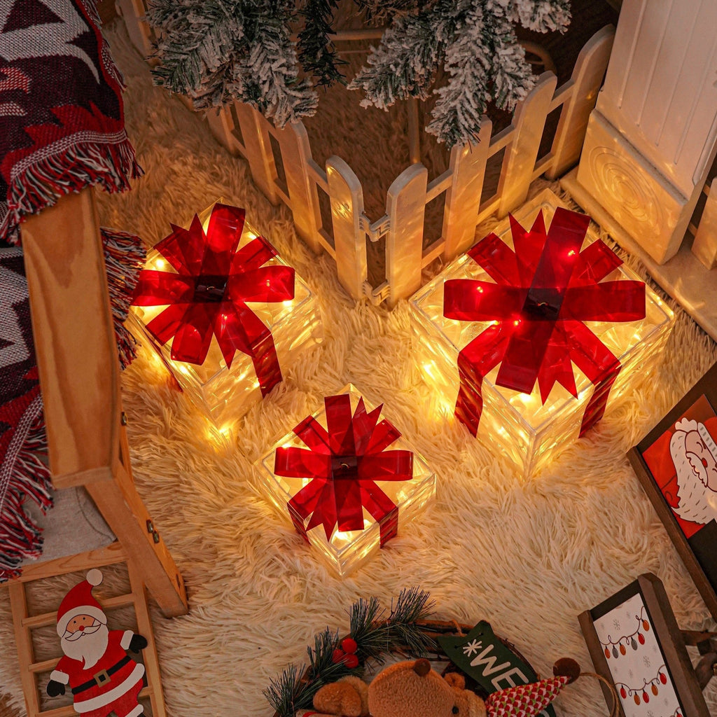 Set of 3 LED Christmas Gift Boxes, PVC and Metal