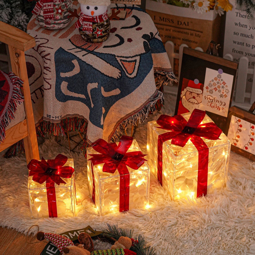 Set of 3 LED Christmas Gift Boxes, PVC and Metal