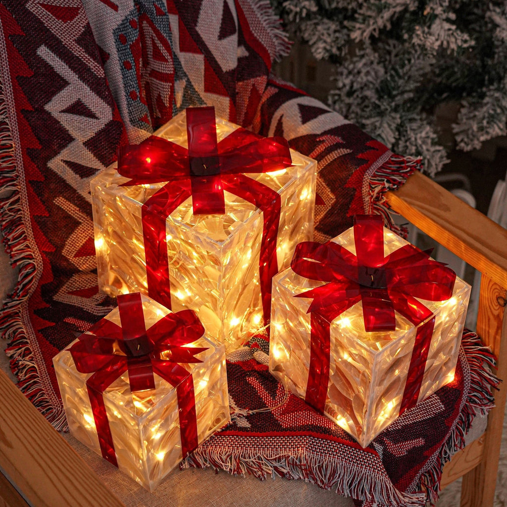 Set of 3 LED Christmas Gift Boxes, PVC and Metal