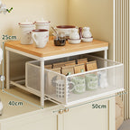 Sliding Mesh Cabinet Basket with Wood-Top Counter Riser
