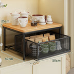 Sliding Mesh Cabinet Basket with Wood-Top Counter Riser