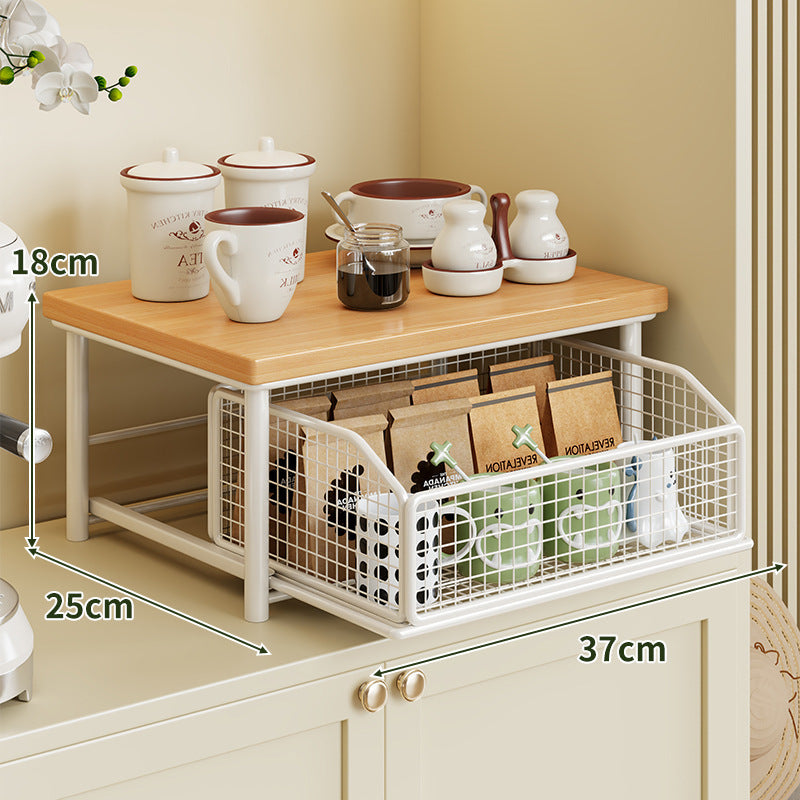 Sliding Mesh Cabinet Basket with Wood-Top Counter Riser