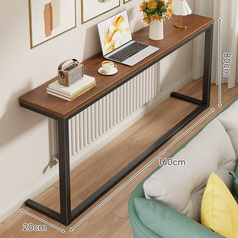 Slim Narrow Console Table, White Metal Frame, Wood-Grain Top